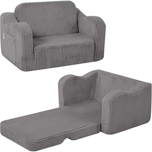 MeMoreCool Toddler Chair Comfy for 1-3 Years Old, Corduroy Kids Couch Bed Fold Out, 2-in-1 Foldable Baby Lounge Chair, Pull Out Children Sofa Bed, Light Grey