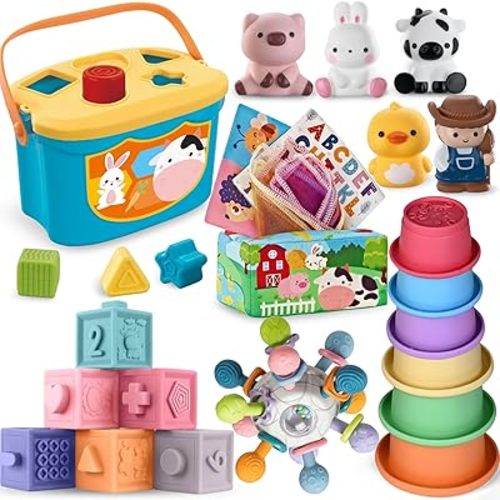 Baby Toys, 0-6 6-12months Baby Toys for Toddlers, Infant Gifts for Toddlers, Teething & Stacking Building Block Cups & Tissue Box & Sensory Bin for Development 6 in 1 Montessori Infant