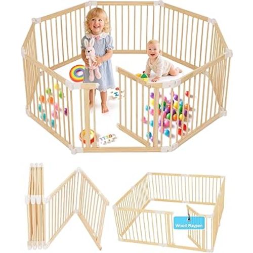 Foldable Wooden Baby Playpen Large Play Yard for Babies, 2 in1 New Mom Helper Portable Fence, Custom 25" Tall Wood Gate with Adjustable Size & Shape for Infants 3-12 Months -63x63x25 inch
