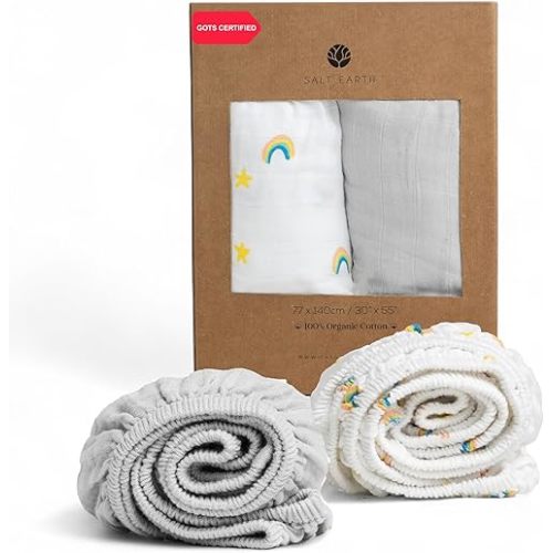 Salt Earth 100% Organic Cotton Muslin Standard Fitted Crib Sheet, 52"x28", 2 Pack Soft Breathable Natural Cotton Sheets Baby Mattress Bed Sheets, No Slip Neutral Baby Crib Sheet (Silver & Rainbow)