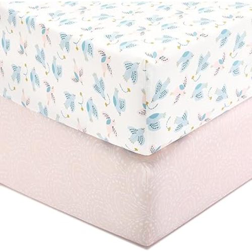 TILLYOU Baby Crib Sheets for Boys Girls, Fitted Crib Sheet 2 Pack for Standard Crib and Toddler Mattresses, Super Soft Toddler Bed Sheets, 28"x52"x8",Lucky Pony Peace Dove&Big Pink Flower