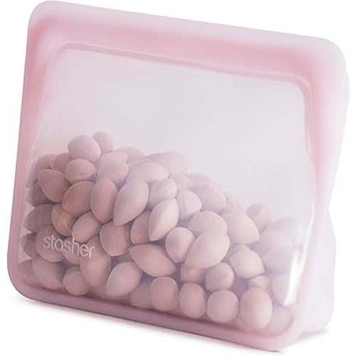 Stasher Premium Silicone Reusable Food Storage Stand-Up Mini Bag, Pink, Microwave, Sous Vide, Dishwasher, Oven and Freezer Safe, BPA Free, Leak-free, Eco-friendly, 28 Oz