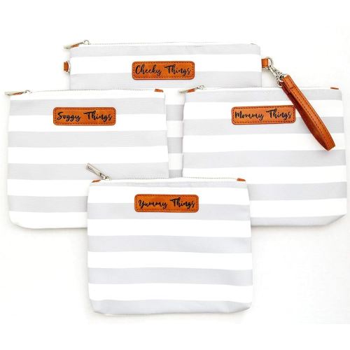 Stylish Diaper Bag Organizing Pouches - XL Set of 4 Gray and White Striped Canvas Diaper Bag Pouches with Leather Embossed Labels, Leather Wristlet Strap & Durable Metal Zippers