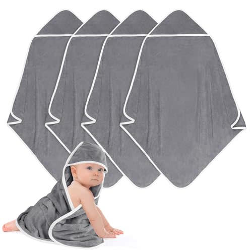 UNIMADE Hooded Towel for Newborns, 4 Pack Soft Coral Fleece Baby Towels, Ultra Absorbent Bath Cloths Bulk for Infants, Toddlers, Newborn Essential- 30 x 30 inch - Grey