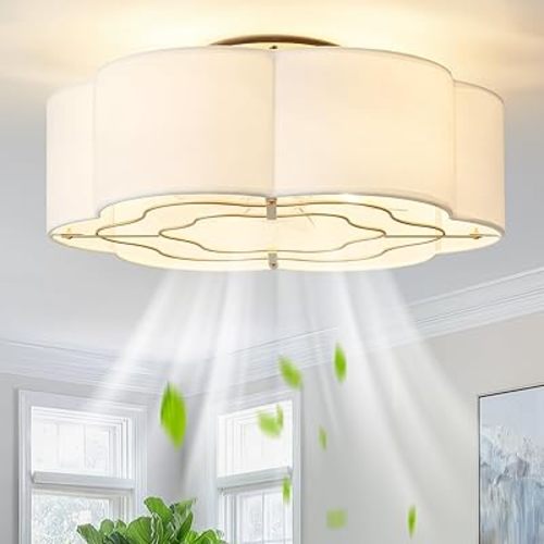 Caged Ceiling Fan with Lights, Flush Mount 20" Boho Ceiling Fans with Lights Remote Control, Low Profile Fabric Bladeless with 6 Speeds for Bedroom, Nursery, Kitchen