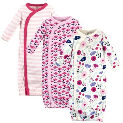 Touched by Nature Baby Girl Organic Cotton Side-Closure Snap Long-Sleeve Gowns 3pk, Pink Botanical, 0-6 Months