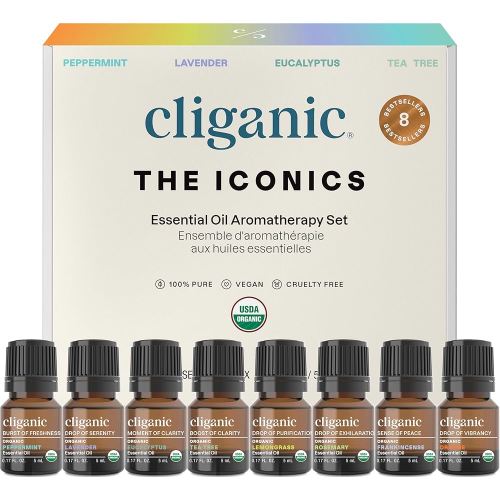 Cliganic Organic Aromatherapy Essential Oils Gift Set (Top 8 - The Iconics), 100% Pure - Peppermint, Lavender, Eucalyptus, Tea Tree, Lemongrass, Rosemary, Frankincense & Orange (Packaging May Vary)