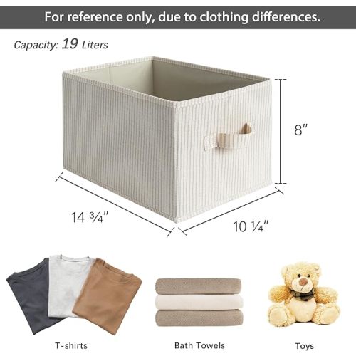StorageWorks Storage Baskets for Shelves, Foldable Fabric Closet Storage Bins with Handles, Fabric Storage Bins Clothes Organizer, Beige Stripes, 3-Pack, Medium