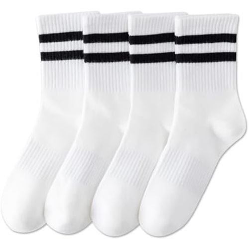 YUWELL Womens Striped Crew Socks, Cotton Cozy Casual Socks for Women 4 Pairs, Size 5-10