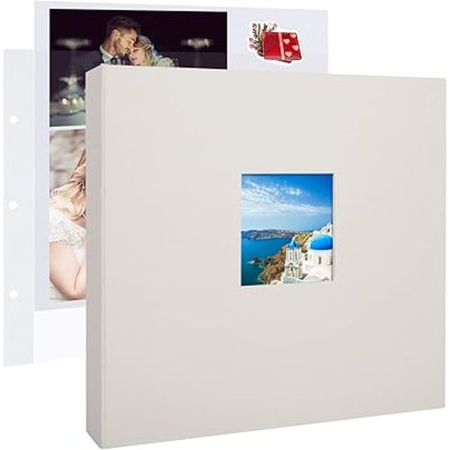 12x12 Inch Large 3 Ring DIY Scrapbook Photo Album Journal with 30 Plastic Sleeves 60 Pages and Fabric Cover for Baby Travel Wedding Couple Anniversary kids Adventure (Beige Cover/White Pages)