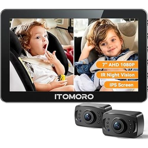 Itomoro Rear Facing Mirrors, 2 Kids Baby Car Camera, 7'' Ultra Wide 1080P HD Display with 2 IR Night Vision Cameras, 150° Wide Angle, 360° Rotatable, Easy Install