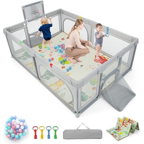 Costzon Large Baby Playpen with Mat, 81'' x 57'' Playpen for Babies and Toddlers w/Basketball Hoop & Soccer Nets, Pull Rings & Ocean Balls, Zippered Gates, Portable Indoor Safety Sturdy Play Yard