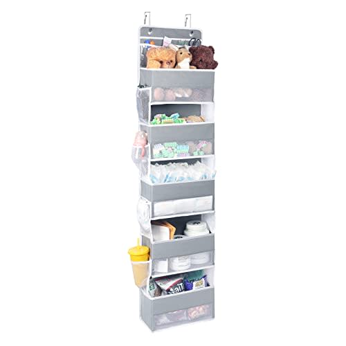 Univivi Over Door Hanging Organizer Storage with 5 Large Pockets and 2 Small PVC Pockets for Cosmetics Wall Hanging Storage Organizer for Pantry Baby Nursery Bathroom Closet Dorm(Grey)