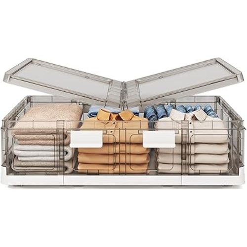 Kitstorack Clear Plastic Under Bed Storage Containers Bins with Lids and 8 Pre-installed Wheels,37.8 Qt, Rolling Foldable Flat Under Bed Organizer Boxes for Clothes Shoes Clothing Bedroom, Large