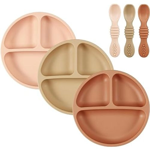 PandaEar 3 Pack Toddler Plates with 3 Spoons, 100% Silicone Divided Suction Plate for Babies, BPA-Free, Dishwasher and Microwave Safe -Pink/Brown/Brick red