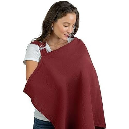 Muslin Nursing Cover for Baby Breastfeeding, Soft & Breathable Cotton Breastfeeding Cover for Mom with Rigid Hoop for Mother Nursing Apron by Comfy Cubs (Wine)
