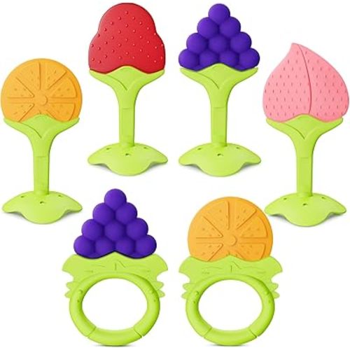 6 Pack Baby Teething Toys for Newborn Infant, BPA Free Freezer Safe Silicone Fruit Baby Teethers Soothe Babies Gums Set for Babies 0-6 Months 6-12 Months