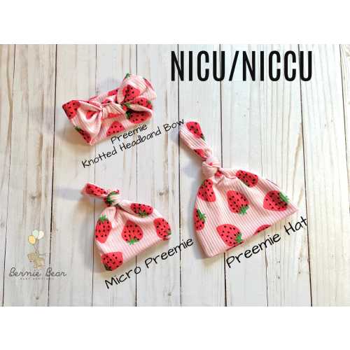 NICU Pink Strawberry Knotted Micro Preemie Hat | NICU Preemie Hat | Strawberry Micro Preemie Knotted Hat | NICU Preemie Headband Knotted Bow