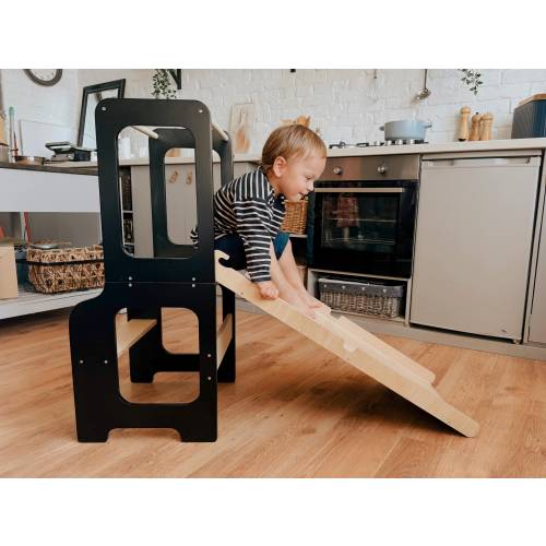 Foldable Toddler Tower and Table, Blackboard & Slide, Wooden Toddler Step Stool for Kitchen Counter | Montessori Child-Safe Step Stool