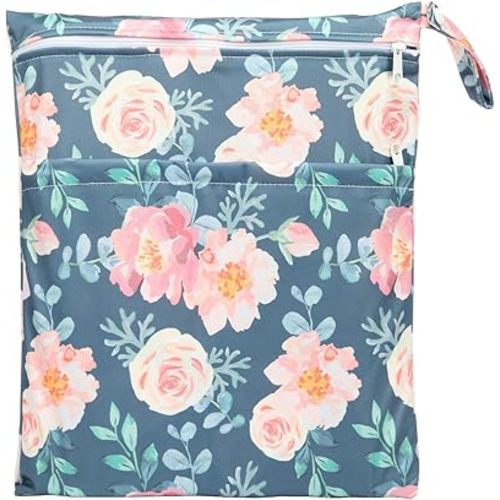 Medium Wet Dry Bag Baby Cloth Diaper Nappy Insert Bag Reusable Washable With Two Zippered Pockets For Girls (Floral)