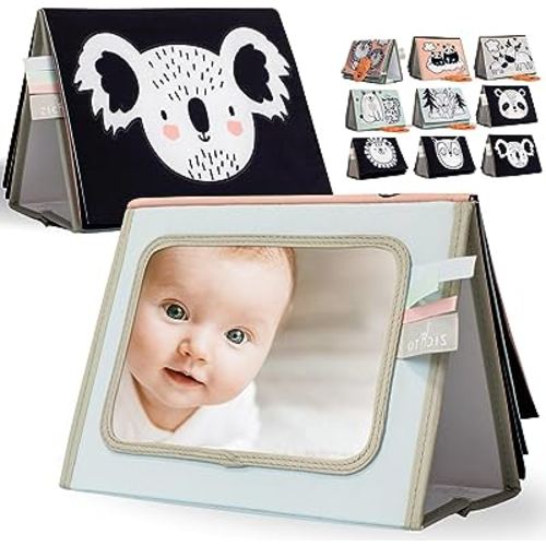 Soft Tummy Time Book w/ Large Stimulating Baby Safe Mirror - Fun High Contrast Montessori Toy w/ Mirror, Crinkle Filling & Silicone Teether - The Perfect Toy For Safe Early Newborn/Infant Development