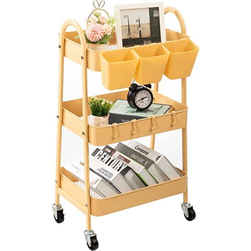 danpinera 3-Tier Rolling Cart, Metal Rolling Storage Cart with Lockable Wheels & Hanging Cups & Hooks, Mobile Trolley Cart for Kitchen, Bathroom, Office, Workshop, Yellow