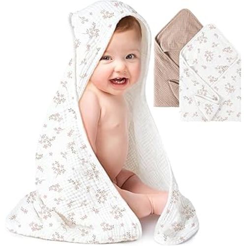 Konssy 2-Pack Muslin Hooded Baby Towels, 100% Cotton, Ultra-Soft & Absorbent Baby Bath Towels with Hood for Newborn & Infant (Taupe,Soft Blooms,30" x 30")