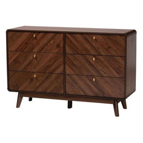 Baxton Studio Markell Wood 6 Drawer Dresser Walnut Brown/gold: Mid-century Storage, Metal Pulls