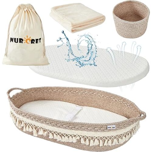 Baby Changing Basket, Foldable Portable Changing Pad, Moses Basket for Newborn, Changing Table Topper for Dresser, Cotton Rope Diaper Caddy for Travel&Nursery, Waterproof Foam Pad Cover, Brown
