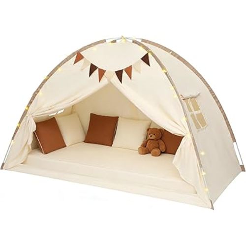 Redants Twin Bed Tent Canopy, Indoor Blackout Privacy Toddler Bed Tent for Kids with Light, Portable Sleeping Floor Kids Playhouse (Cream, Twin Size)