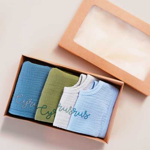 Burp Cloth and Baby Bib Set of 4, Personalized Baby Shower Gift, Unique Baby Gift, Embroidered Newborn Gift, Baby Boy, Girl Bib with Name