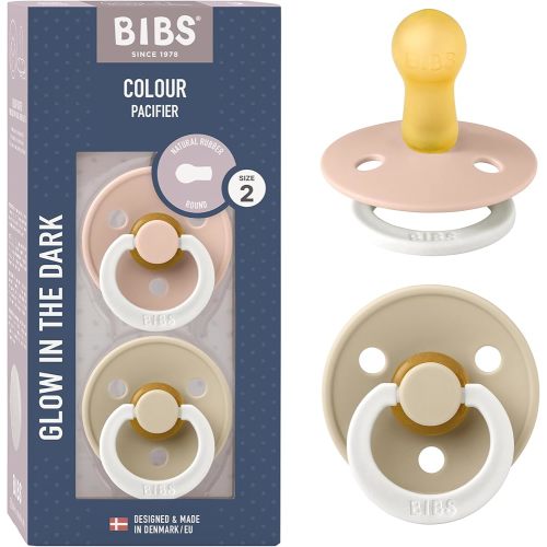 BIBS Pacifiers Colour Collection | Natural Rubber Baby Pacifier | Set of 2 BPA-Free Soothers | Made in Denmark | 0+ Months (Pack of 2) | Blush Night/Vanilla Night