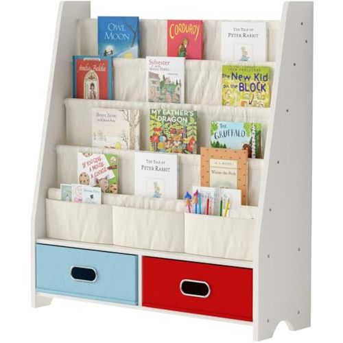 SEIRIONE Sturdy Kids Bookshelf, Children Display Rack, 4 Sling and 2 Storage Boxes for Toys Organizer, White/Wood Texture