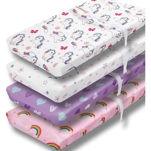 4 Pack Soft Baby Girl Changing Pad Cover Sheets for Chaning Pad Unicron Rainbow Heart Cute Neutral Polyester Unisex Fitted Changing Pad Cover Sheets Set for Baby Girls