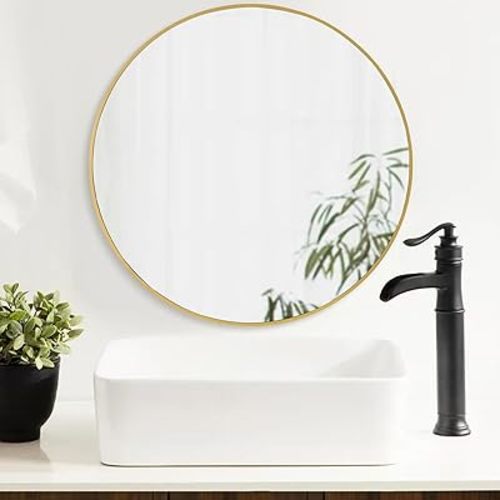Gold Round Mirror 24 Inch,Circle Bathroom Vanity Mirror for Wall,Hanging Modern Tempered Glass Mirror for Entryway or Living Room