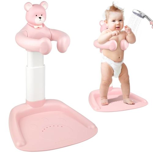 Baby Shower Stand, Adjustable Anti-Slip Baby Shower Standing Support, Soporte para Bañera de Bebé, Ideal Gift with Squeaky Bear for Infants 8-36 Months (Pink)
