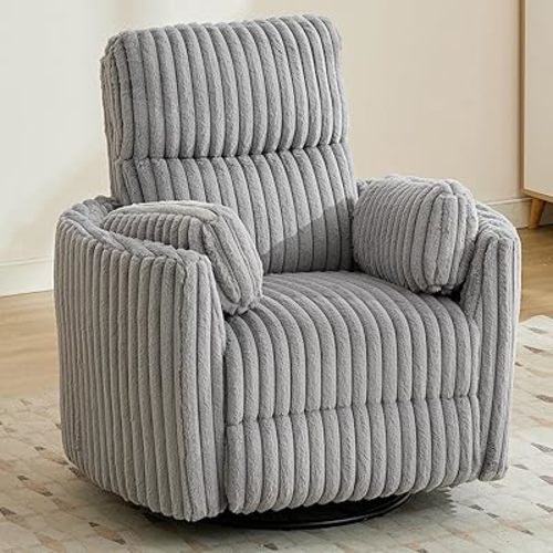 Swivel Glider Recliner, Corduroy Upholstery Recliner with 2 Pillow, Nursery Glider Rocker Chair, Power Reclining Sofa Chair for Living Room/Office/Apartment/Light Grey