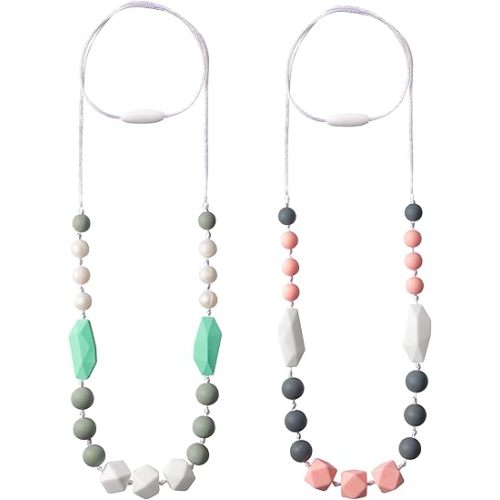 Baby Teething Necklace for Mom - 2PCS Babies Nursing Necklaces for Mom to Wear, Sensory Teether Toy for Kids Adults Toddlers, Teethers Jewelry for Baby Shower Birthday Gift (Pink White, Green)