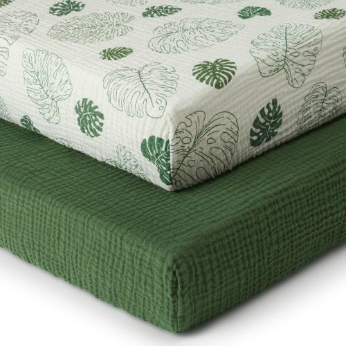 Blissful Diary Muslin Crib Sheets for Girl Boy, Boho Neutral Soft Cotton Baby Sheet for 52''x28'' Standard Crib Mattress, 2 Pack(Monstera&Dark Green)