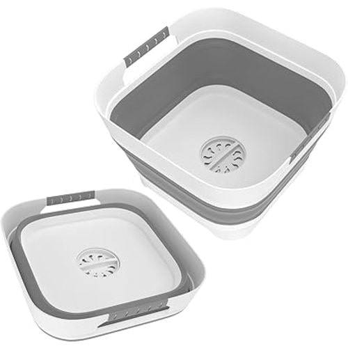 2.4 Gal Collapsible Wash Basin with Drain Plug - 9L Dish Pan for Baby Bottle Soak, Foldable Sink, Multi-Purpose Bucket - Ideal for Camping, RV, Vegetable Washing, Ice Tub & Beverages