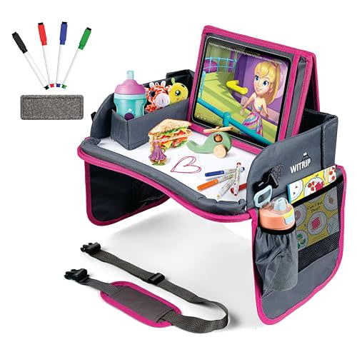 WITRIP Kids Travel Tray with Dry Erase Board – Car Seat Tray for Kids Travel, Toddler Car Seat Table for Road Trips & Airplane Travel – No-Drop Tablet Holder, Snack & Activity Organizer (Pink Frame)