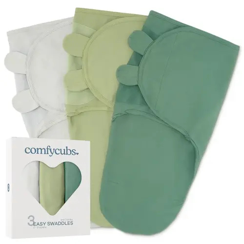 Comfy Cubs Easy Swaddle Blanket, 3 Pack - 100% Cotton Newborn Wrap, Small for 0-3 Months Infants, with Adjustable Velcro, Breathable and Durable Sleep Sack for Babies - Stone, Sage, Azul