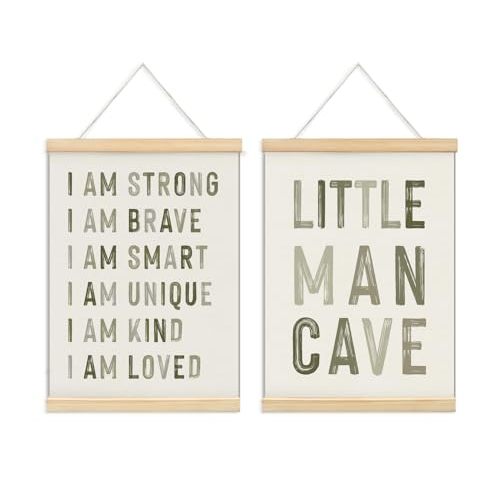 ULEGIE Boy Nursery Decor Posters Framed with Wood Hanger, Little Man Cave Sign for Boys Kids, Boys Room Decor, Toddler Room Decor, Positive Affirmations for Kids Decor, Art Prints for Nursery Playroom Bedroom, 2 Pack 12 x 16 Inches