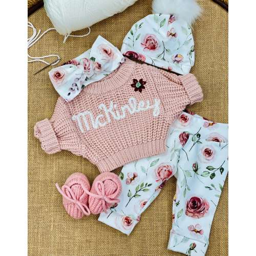 Personalized Newborn Baby Girl Outfit: Embroidered Name Sweater, Knit Booties, Floral Set