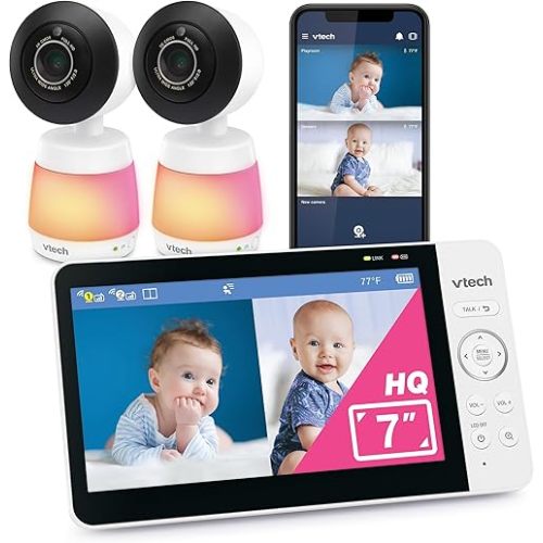 VTech Smart WiFi Baby Monitor with 2 Cameras, 1080p FHD Video, Free App with Motion Videos, Sound/Motion Alerts, 7" IPS Split‑Screen Display, Pan‑Tilt‑Zoom, Dual‑Room Monitoring – Smart HQ Max Twin