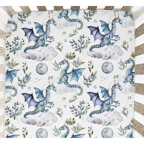 Cute Dragon Fairytale Baby Crib Sheets Boys Girls Watercolor Dragons Moon Cloud Fitted Crib Sheet for Standard Crib Mattress Sheets Covers Super Soft Nursery Toddler Bed Sheet Stretchy Sheet 28''×52''