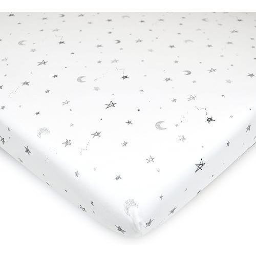 TL Care 100% Natural Cotton Fitted Mini Crib Sheet 38" x 24" - Soft & Breathable Small Nesting Portable Crib Sheet, Fits Pack N Play Mattresses, Stars and Moons, for Boys & Girls