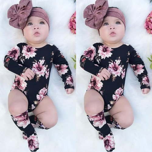 Qtinghua Newborn Infant Baby Girls Romper Floral Print Bodysuit Jumpsuit with Leg Warmers Summer Clothes White 12-18 Months