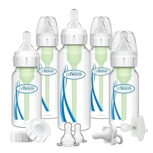 Dr. Brown's Natural Flow Anti-Colic Options+ Narrow Baby Bottle Gift Set with Advantage Pacifier & Bottle Travel Caps, 0m+ (Packaging/Pacifier May Vary)
