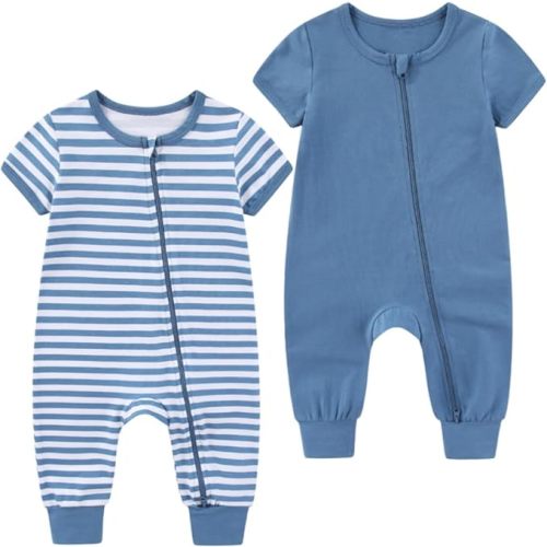 2 Pack Unisex Baby Short Sleeve Rompers 2 Way Zipper New Born One-Piece Jumpsuits 0-24Months Infant Outfits